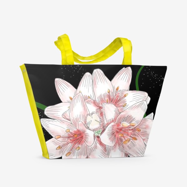 Пляжная сумка «Цветы лилии, стильный скетч на чёрном фон»