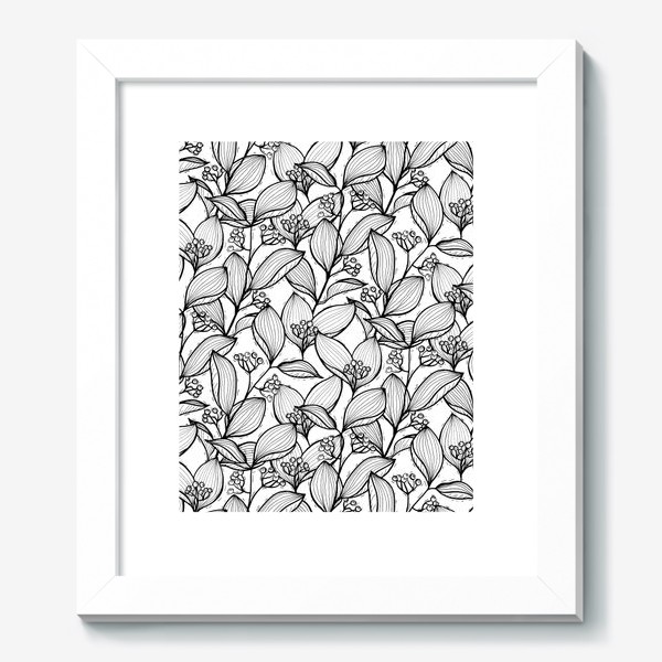 Картина «Черно-белые ветки с листьями и ягодами»