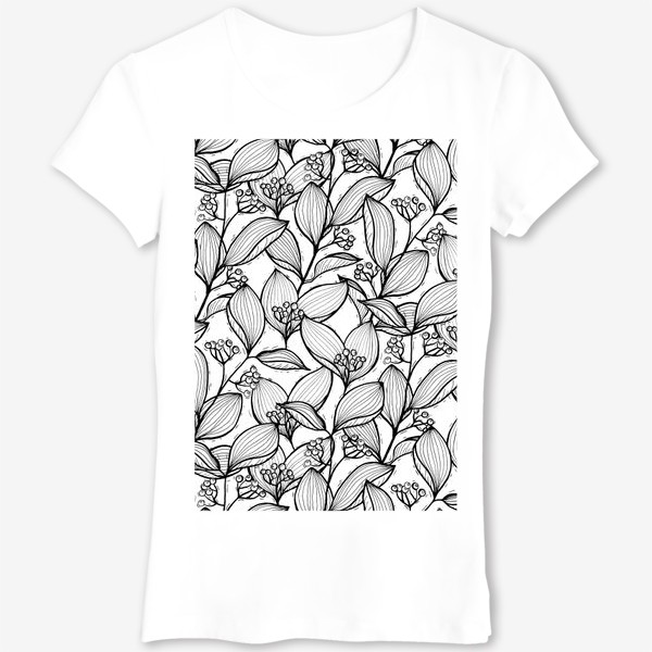 Футболка «Черно-белые ветки с листьями и ягодами»