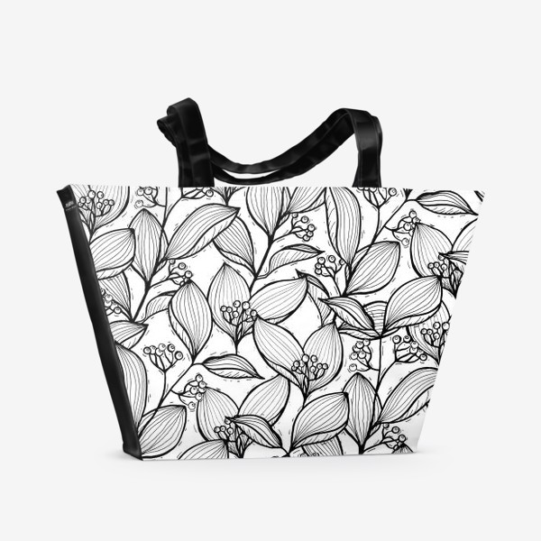 Пляжная сумка &laquo;Черно-белые ветки с листьями и ягодами&raquo;