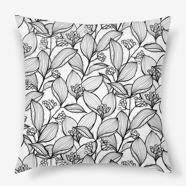 Подушка «Черно-белые ветки с листьями и ягодами»