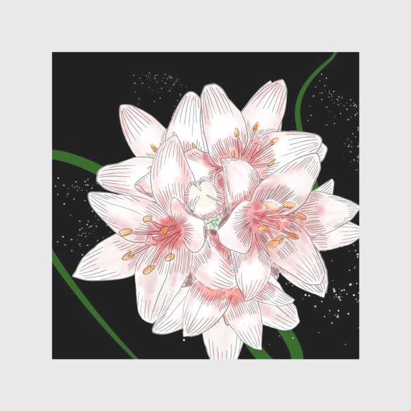 Скатерть «Цветы лилии, стильный скетч на чёрном фон»