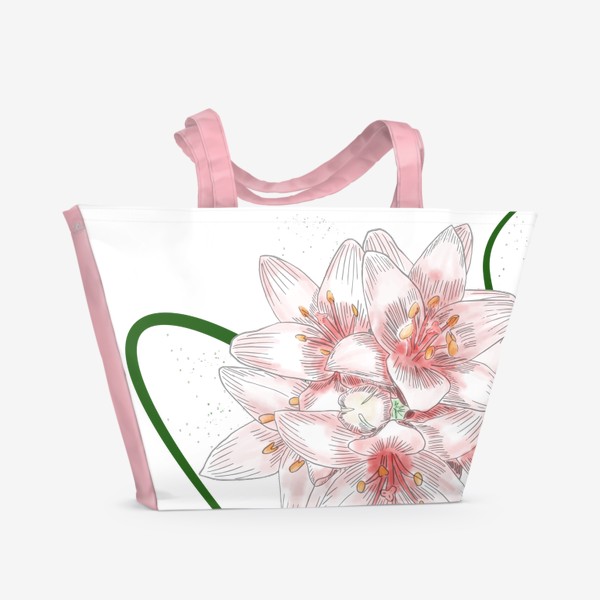 Пляжная сумка «Цветы лилии, нежный розовый цвет, картинка ручной работы в стиле скетч»