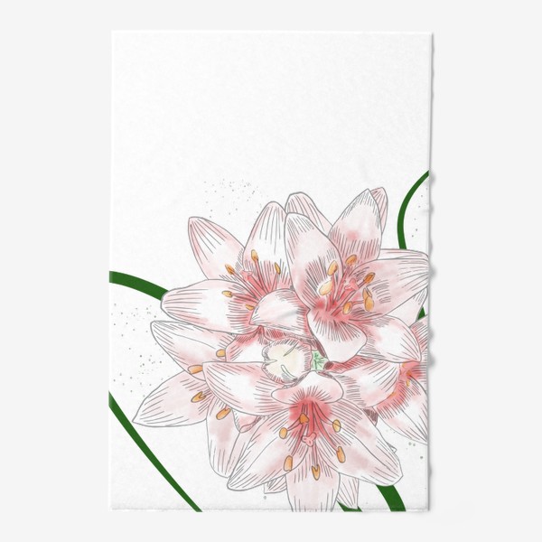 Полотенце «Цветы лилии, нежный розовый цвет, картинка ручной работы в стиле скетч»