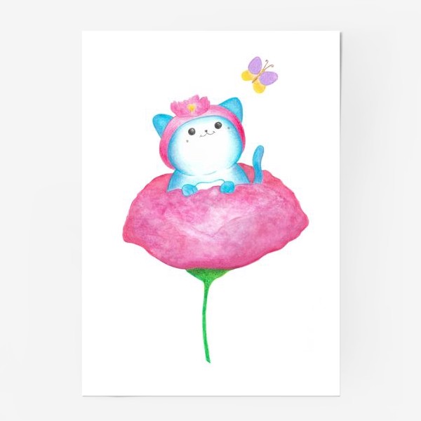Постер «Котенок и цветок. Милые животные»