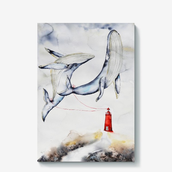 Холст «Летающие киты и красный маяк»