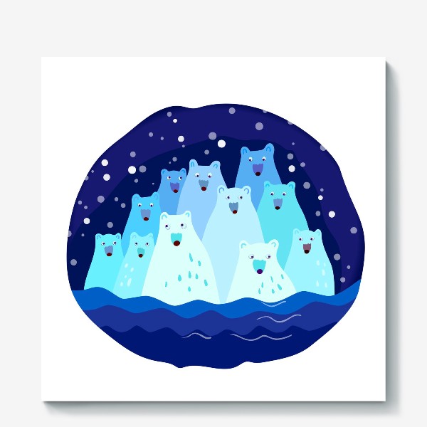Холст «Белые медведи и океан. Темно-синий фон. Снег.»