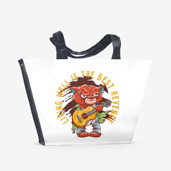 Пляжная сумка ««Лучшая месть - жизнь»: гранжевый котик с гитарой»