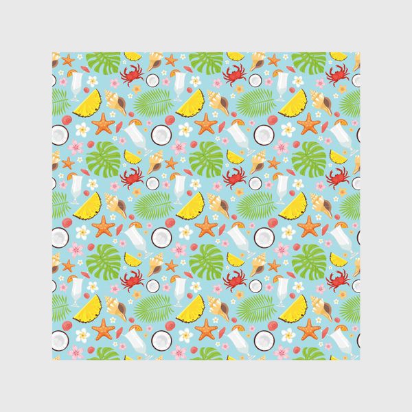 Шторы ««Летнее море»: фрукты, пальмовые листья, цветы и краб»