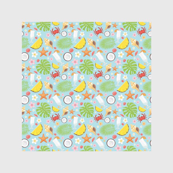 Скатерть ««Летнее море»: фрукты, пальмовые листья, цветы и краб»