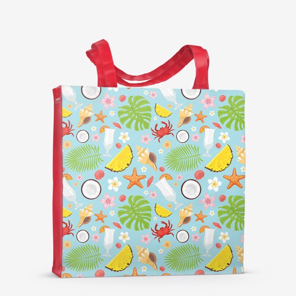 Сумка-шоппер ««Летнее море»: фрукты, пальмовые листья, цветы и краб»