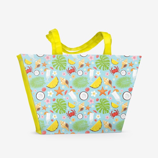 Пляжная сумка ««Летнее море»: фрукты, пальмовые листья, цветы и краб»