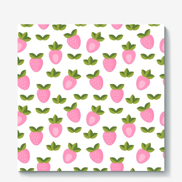 Холст «Розовые ягоды клубники с листиками. Летний принт»