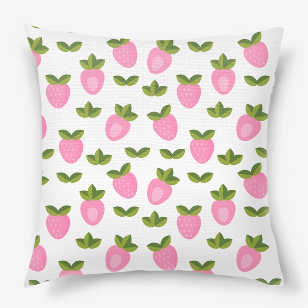 Подушка «Розовые ягоды клубники с листиками. Летний принт»
