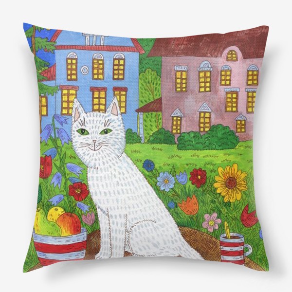 Подушка «Белая кошка и тихий летний вечер»