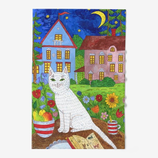 Полотенце «Белая кошка и тихий летний вечер»
