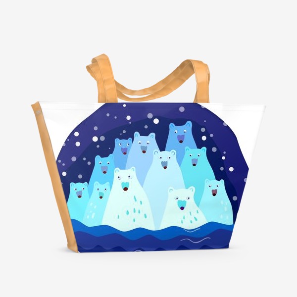 Пляжная сумка «Белые медведи и океан. Темно-синий фон. Снег.»