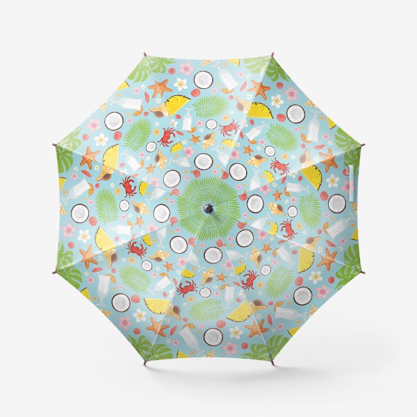Зонт ««Летнее море»: фрукты, пальмовые листья, цветы и краб»