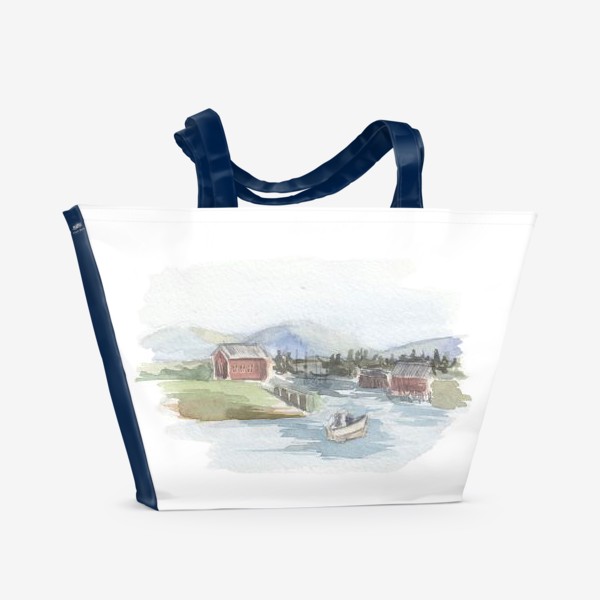 Пляжная сумка &laquo;Пейзаж с лодкой. Акварель&raquo;