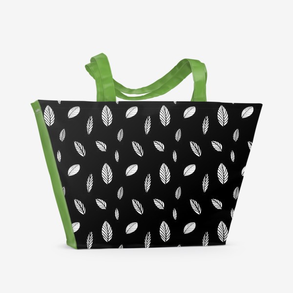 Пляжная сумка &laquo;Сканди листья на черном фоне. Минималистичный черно-белый паттерн с листьями&raquo;