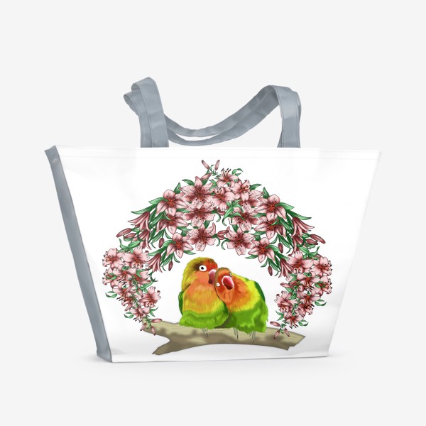 Пляжная сумка «Влюбленные попугайчики среди лилий »