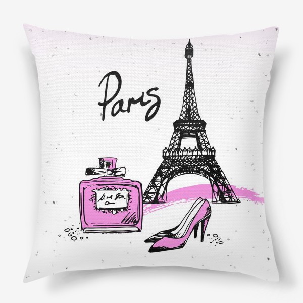Подушка &laquo;Рисунок Эйфелевой башни, туфель и духов в черном и розовом цветах с надписью Париж&raquo;