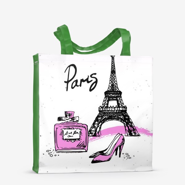 Сумка-шоппер «Рисунок Эйфелевой башни, туфель и духов в черном и розовом цветах с надписью Париж»