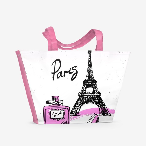 Пляжная сумка «Рисунок Эйфелевой башни, туфель и духов в черном и розовом цветах с надписью Париж»