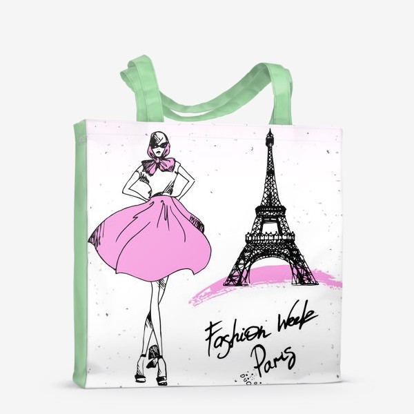 Сумка-шоппер «Рисунок Эйфелевой башни и девушки модели в розовом и черном цветах с надписью Fashion week Paris»