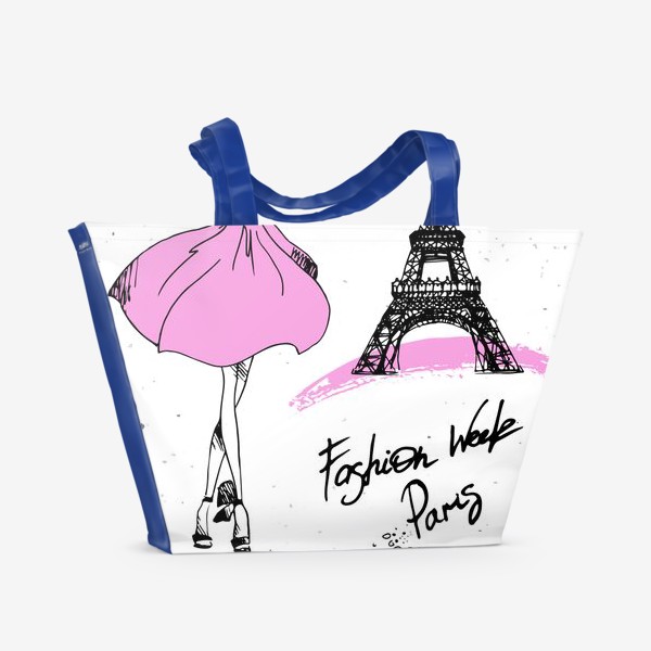Пляжная сумка «Рисунок Эйфелевой башни и девушки модели в розовом и черном цветах с надписью Fashion week Paris»
