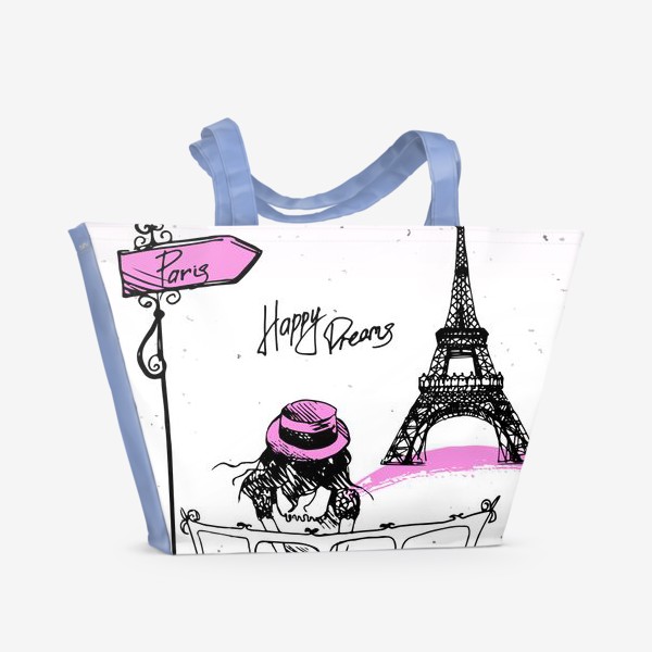 Пляжная сумка «Рисунок Эйфелевой башни и романтичной девушке в черном и розовом цветах с надписью Happy Dreams»
