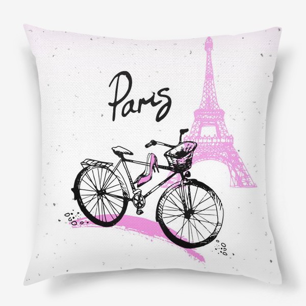 Подушка &laquo;Рисунок Эйфелевой башни и велосипеда  в розово черных цветах с надписью Paris&raquo;