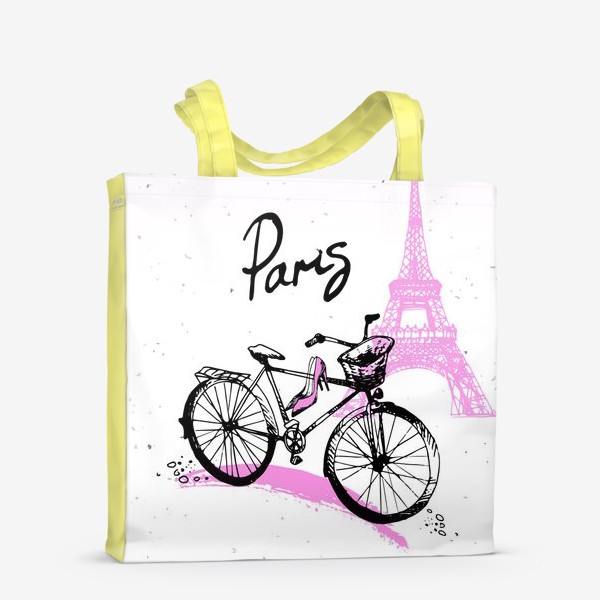 Сумка-шоппер «Рисунок Эйфелевой башни и велосипеда  в розово черных цветах с надписью Paris»