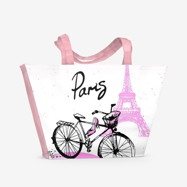 Пляжная сумка &laquo;Рисунок Эйфелевой башни и велосипеда  в розово черных цветах с надписью Paris&raquo;