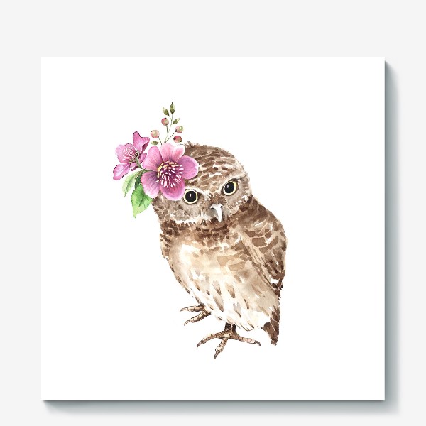 Холст «сова с букетом цветов на голове иллюстрация акварель »
