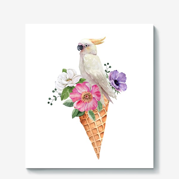 Холст &laquo;белый какаду в вафельном рожке с цветами иллюстрация акварель &raquo;