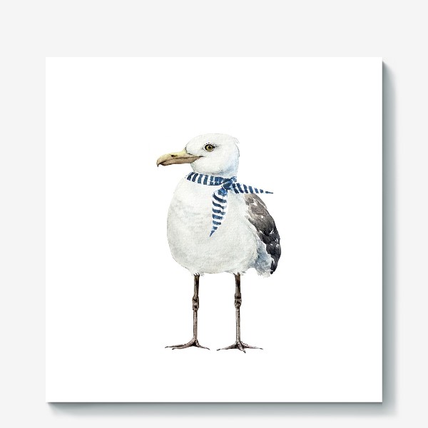 Холст «белая чайка в морском стиле с платком на шее ,иллюстрация акварель »