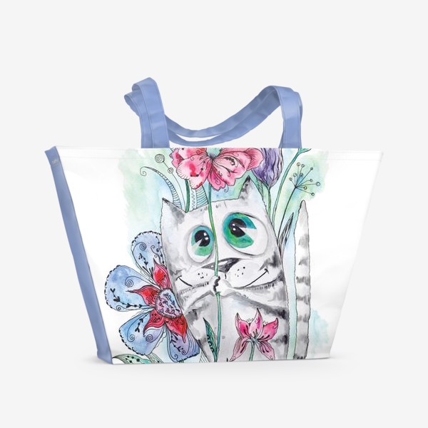 Пляжная сумка &laquo;Забавный летний акварельный котик с цветами&raquo;