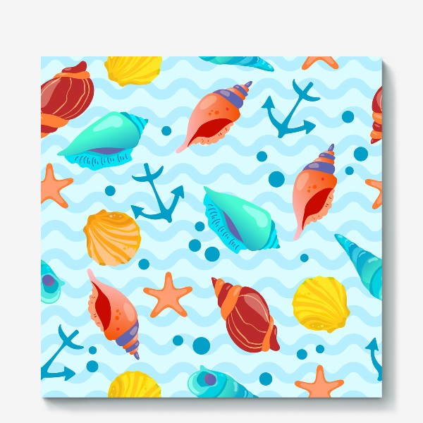 Холст «Ракушки разноцветные, якоря и пузырьки на фоне морских волн»