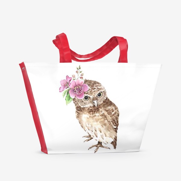 Пляжная сумка «сова с букетом цветов на голове иллюстрация акварель »