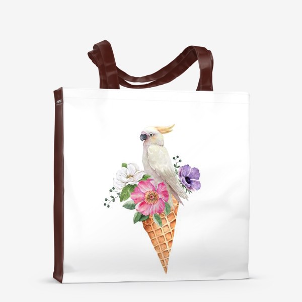 Сумка-шоппер «белый какаду в вафельном рожке с цветами иллюстрация акварель »