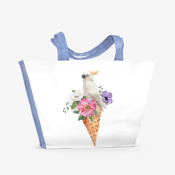 Пляжная сумка &laquo;белый какаду в вафельном рожке с цветами иллюстрация акварель &raquo;
