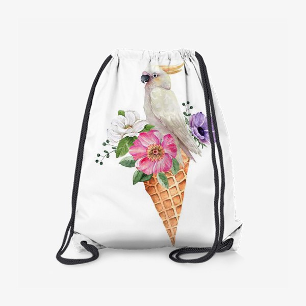 Рюкзак «белый какаду в вафельном рожке с цветами иллюстрация акварель »