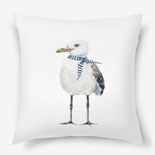 Подушка «белая чайка в морском стиле с платком на шее ,иллюстрация акварель »