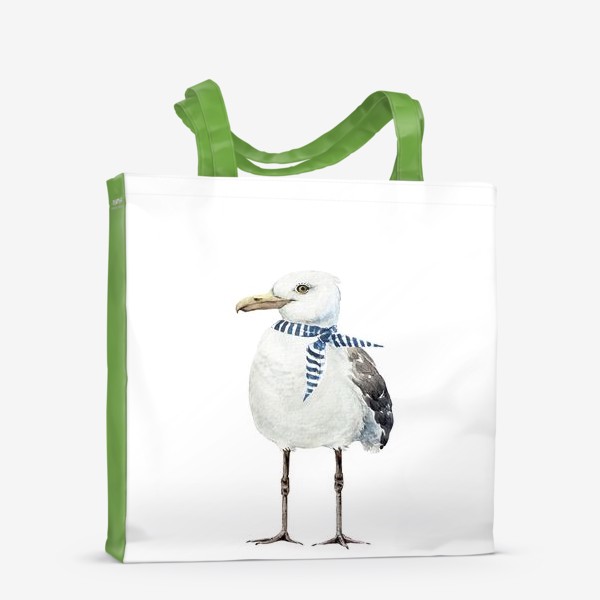 Сумка-шоппер «белая чайка в морском стиле с платком на шее ,иллюстрация акварель »