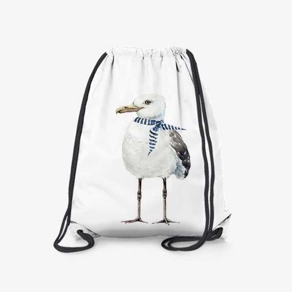Рюкзак «белая чайка в морском стиле с платком на шее ,иллюстрация акварель »