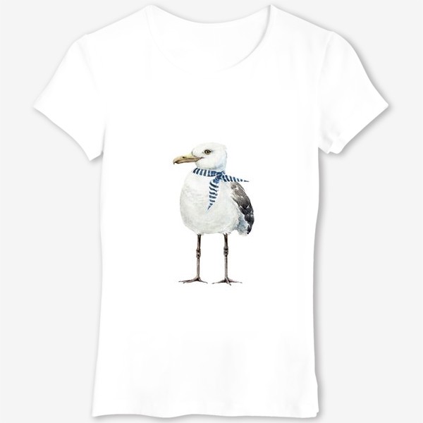 Футболка &laquo;белая чайка в морском стиле с платком на шее ,иллюстрация акварель &raquo;