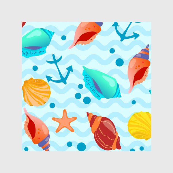 Шторы «Ракушки разноцветные, якоря и пузырьки на фоне морских волн»