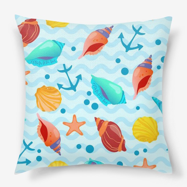 Подушка «Ракушки разноцветные, якоря и пузырьки на фоне морских волн»