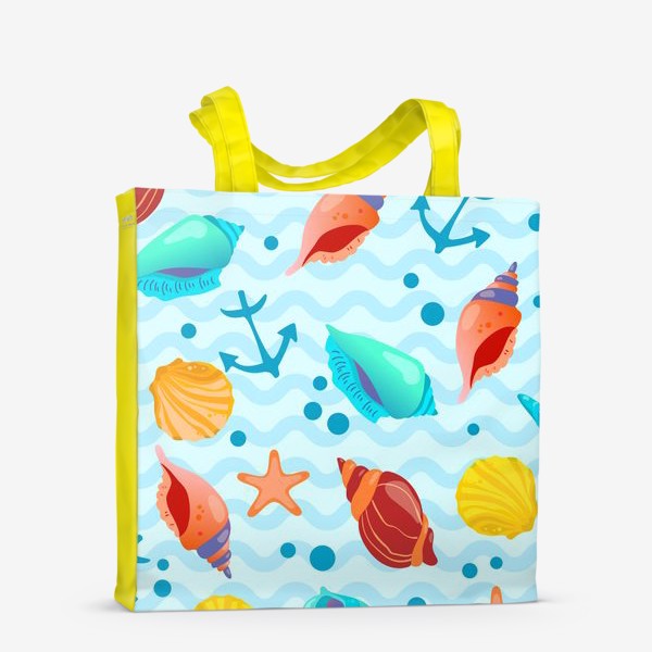 Сумка-шоппер «Ракушки разноцветные, якоря и пузырьки на фоне морских волн»